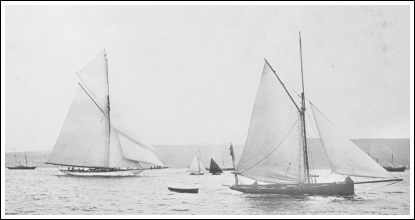 'Vigilant and unknown smaller yacht passing the finishing mark at the Clyde Corinthian YC Regatta