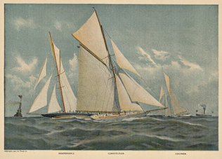 Original 1901 print of the ships Independence; Constitution and Columbia in a yacht race