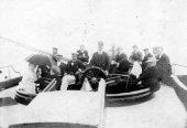 1051On board the America - Mrs Jameson, Mr Arnes, Captain Waters, Mr Jameson, Mr Hilliard, Mr Butler, Mr Ure and Sir Thomas Lipton. 1901.