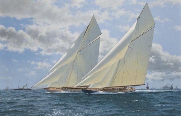 The 1920 America's Cup, Resolute v. Shamrock IV signed lower right "Terry Bailey", oil on canvas 24 x 36 in. (30.9 x 91.4 cm.)