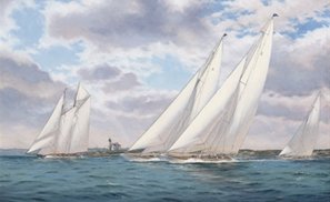 The pre-competition time trials for the America&#39;s Cup, 1930: Yankee, Enterpise and Weetamoe showing their paces, with Cleopatra&#39;s Barge close inshore sold by Christie&#39;s, London, on Wednesday, May 13, 2009