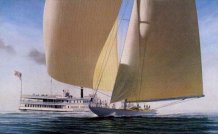 The 1930 America's Cup defender Enterprise passes the walking-beam steamer Mount Hope as she sails out of the Narragansett Bay for her trials. She would prove unbeatable against Sir Thomas Lipton's Shamrock V later that summer.