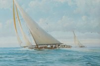 Dimensions: 50×35 cm Technique: Gouache  The Shamrock V was an America’s Cup Challange racing yacht, it was build in 1930 and had a length of 119 ft. In the background the opponent Enterprise is visible, which caused the owner of the Shamrock V, Sir Thomas Lipton, poor nights sleep.
