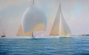The painting depicts the scene as it may have looked from the transom of Yankee, on one of the races in Long Island Sound, in the first summer of the J Class.  With Weetamoe to the left and Whirlwind to the right.    On the far left is  J.P. Morgan’s motor yacht Corsair and on the far right Mr. Vanderbilt’s motor yacht Vara.