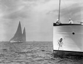 The start of a race between Weetamoe and Ranger prior to the 1937 America's Cup as seen from the race committee.  The view from their vessel is one of the best as they not only see the start, but are normally the first to see the yachts return.  Fortunately, Ranger was a successful defender of the Cup during the 1937 races.  From the Edwin Levick Collection.