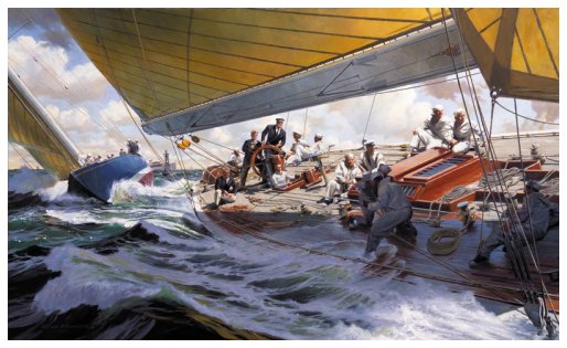 “A MILLION DOLLAR BREEZE”  By Russ Kramer  Oil on canvas, 44” x 27”  Mike Vanderbilt’s great J-boat RANGER takes the start ahead of ENDEAVOUR II in the third race of the America’s Cup of 1937.
